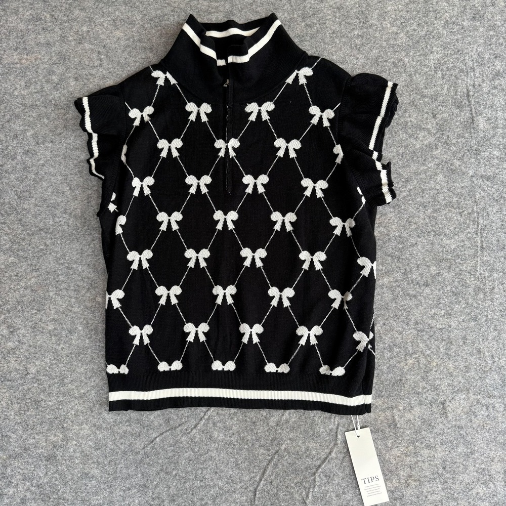 Coquette Sweater Womens XL Black White Bow Knit Mock‎ Neck Short Sleeve